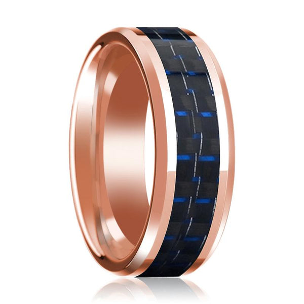 Men's 14k Rose Gold Polished Wedding Band with Blue & Black Carbon Fiber Inlay & Bevels - 8MM