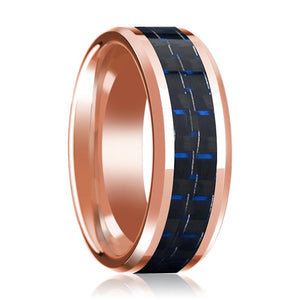 Black Carbon Fiber inlay 14k rose gold wedding band 8mm, top view