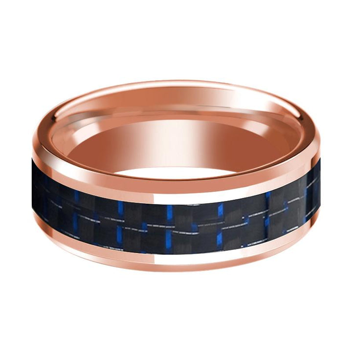 Men's 14k Rose Gold Polished Wedding Band with Blue & Black Carbon Fiber Inlay & Bevels - 8MM - Rings - Aydins Jewelry - 2