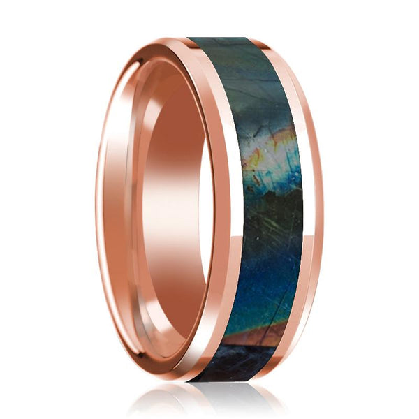 14K Rose Gold Mens Wedding Ring Inlaid with Spectrolite Beveled Edge Polished Design - Rings - Aydins_Jewelry