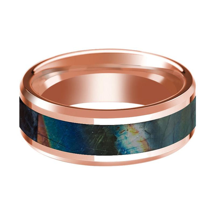 Men's 14k Rose Gold Polished Wedding Band with Spectrolite Inlay & Beveled Edges - 8MM - Rings - Aydins Jewelry - 2