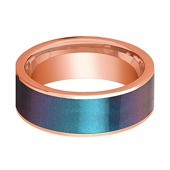 Men's 14k Rose Gold Wedding Band with Blue/Purple Color Changing Inlay Flat Polished Design - 8MM - Rings - Aydins Jewelry - 2