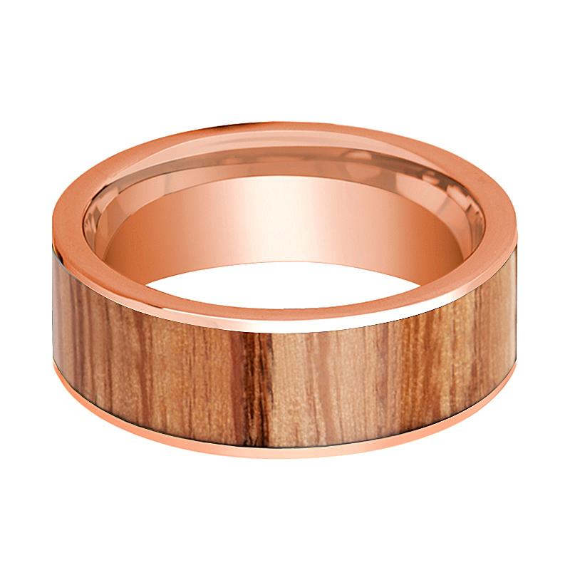 Red Oak Wood inlay 14k rose gold wedding band 8mm, side profile