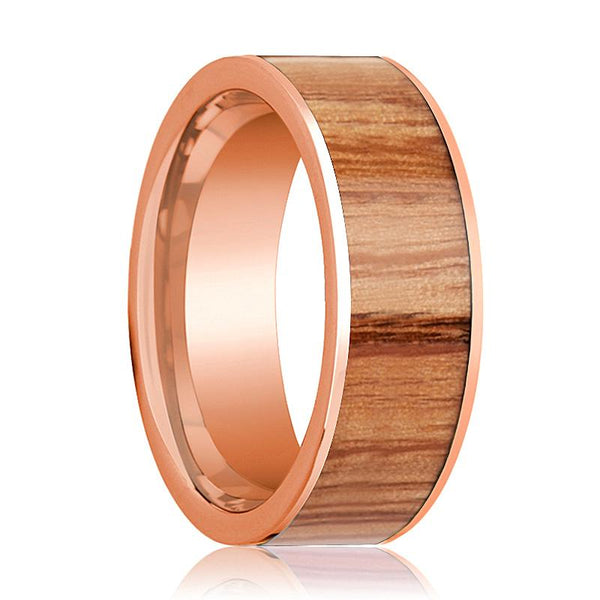 Men's 14K Rose Gold Wedding Band with Red Oak Wood Inlay Polished - 8MM - Rings - Aydins Jewelry - 1