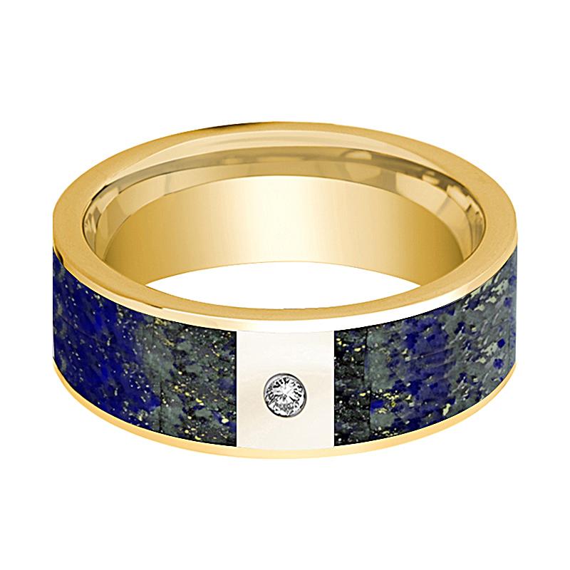 Lapis Lazuli inlay 14k yellow gold wedding band 8mm with diamond, side profile