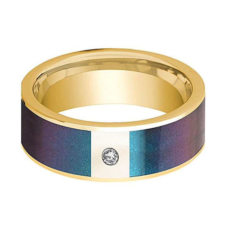 Men's 14k Yellow Gold and Diamond Wedding Band with Blue/Purple Color Changing Inlay - 8MM - Rings - Aydins Jewelry - 2