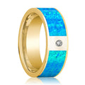 Blue Opal inlay 14k yellow gold wedding band 8mm with diamond, top view