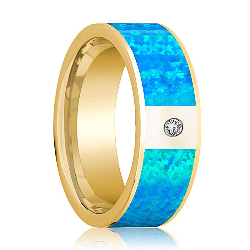 Blue Opal inlay 14k yellow gold wedding band 8mm with diamond, top view