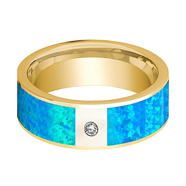 Men's 14k Yellow Gold and Diamond Wedding Ring with Blue Opal Inlay Flat Polished Design - 8MM - Rings - Aydins Jewelry - 2