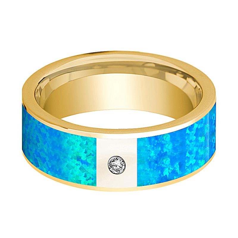 Blue Opal inlay 14k yellow gold wedding band 8mm with diamond, side profile