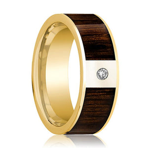 Black Walnut inlay 14k yellow gold wedding band 8mm with diamond, top view