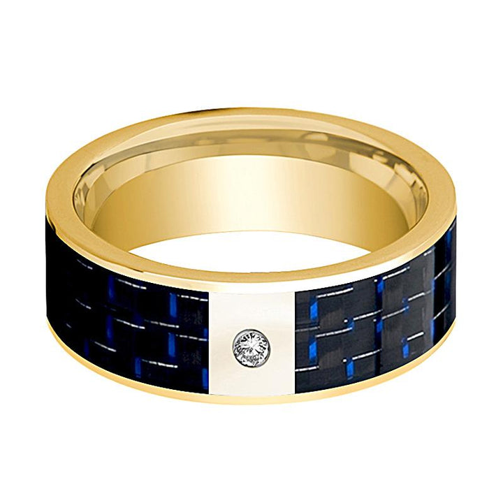 Men's 14k Yellow Gold & Diamond Wedding Band with Blue and Black Carbon Fiber Inlay Flat Polished Design - 8MM - Rings - Aydins Jewelry