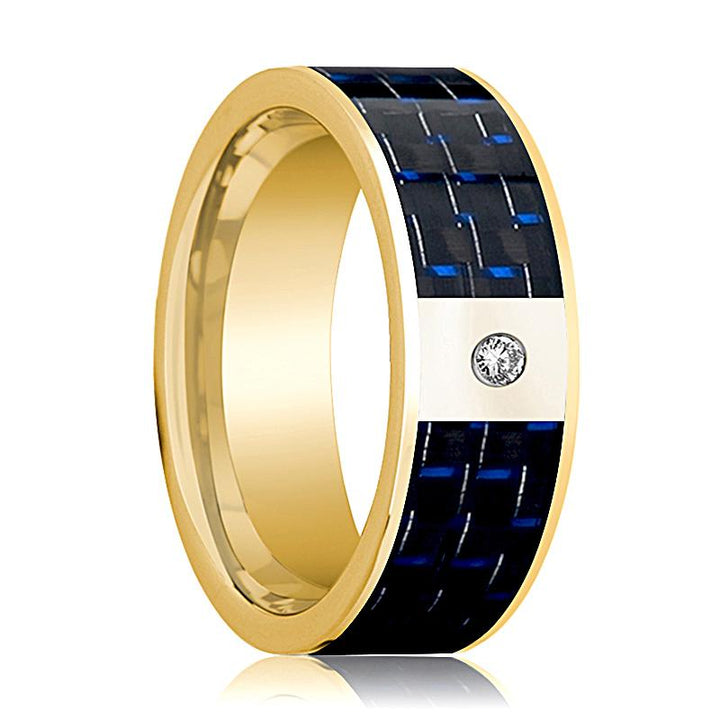 Men's 14k Yellow Gold & Diamond Wedding Band with Blue and Black Carbon Fiber Inlay Flat Polished Design - 8MM - Rings - Aydins Jewelry