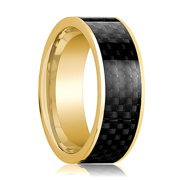 Mens Wedding Band 14K Yellow Gold with Black Carbon Fiber Inlay Flat Polished Design - AydinsJewelry