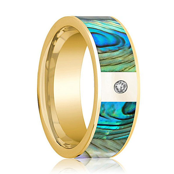 Men's 14k Yellow Gold Flat Wedding Band with Mother of Pearl Inlay and White Diamond Setting - Rings - Aydins Jewelry - 1