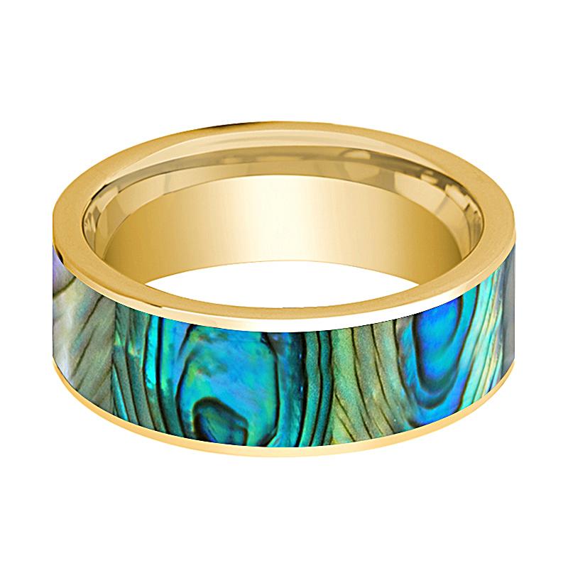 Men's 14k Yellow Gold Flat Wedding Band with Mother of Peral Inlay Polished Finish - Rings - Aydins Jewelry - 2