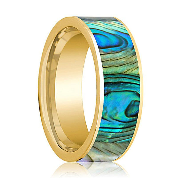 Men's 14k Yellow Gold Flat Wedding Band with Mother of Peral Inlay Polished Finish - Rings - Aydins Jewelry