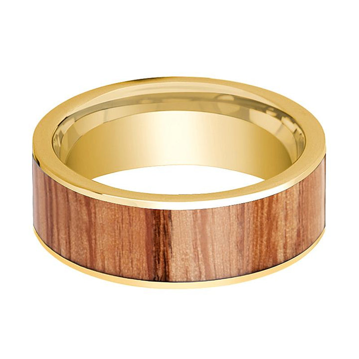 Men's 14k Yellow Gold Flat Wedding Band with Red Oak Wood Inlay Polished Finish - 8MM - Rings - Aydins Jewelry