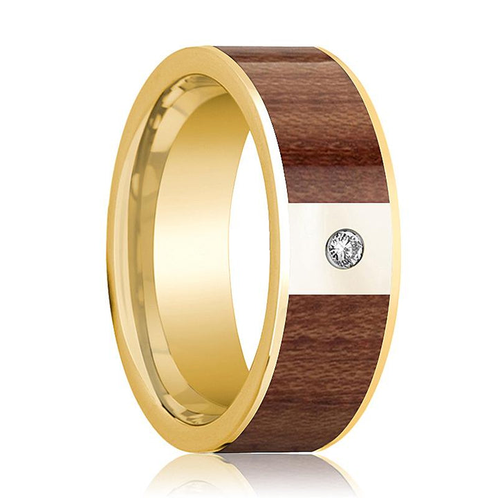 Mens Wedding Band Polished 14k Yellow Gold Men’s Flat Wedding Ring with Rose Wood Inlay & Diamond - 8mm - AydinsJewelry