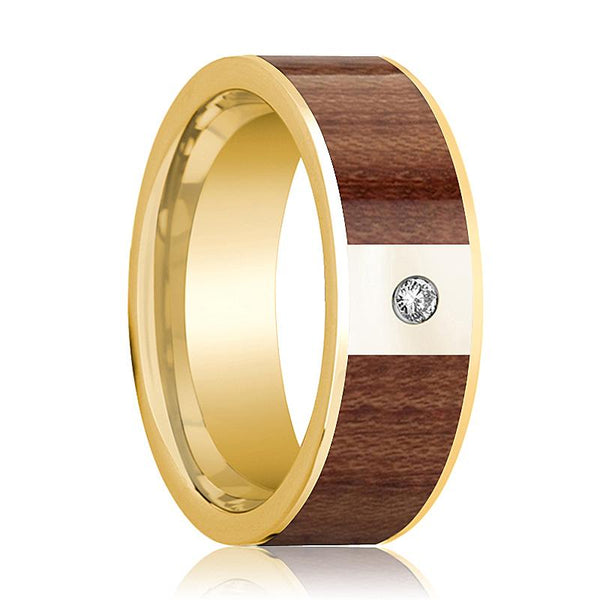 Men's 14k Yellow Gold Flat Wedding Band with Rose Wood Inlay and White Diamond - 8MM - Rings - Aydins Jewelry - 1