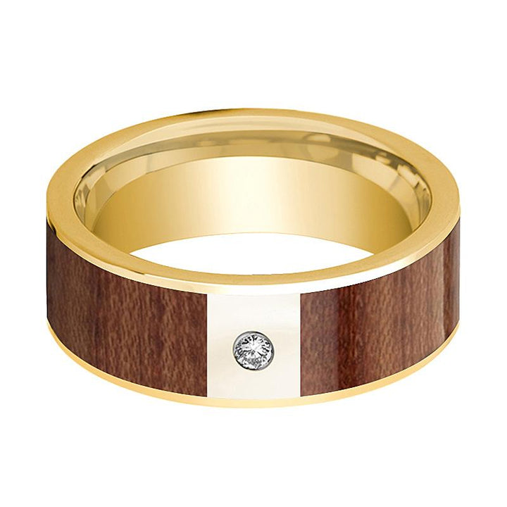 Men's 14k Yellow Gold Flat Wedding Band with Rose Wood Inlay and White Diamond - 8MM - Rings - Aydins Jewelry - 2