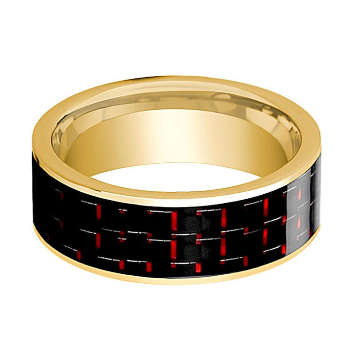 Mens Wedding Band 14K Yellow Gold with Black & Red Carbon Fiber Inlay Flat Polished Design - AydinsJewelry