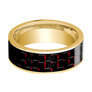 Red Carbon Fiber inlay 14k yellow gold wedding band 8mm, side profile