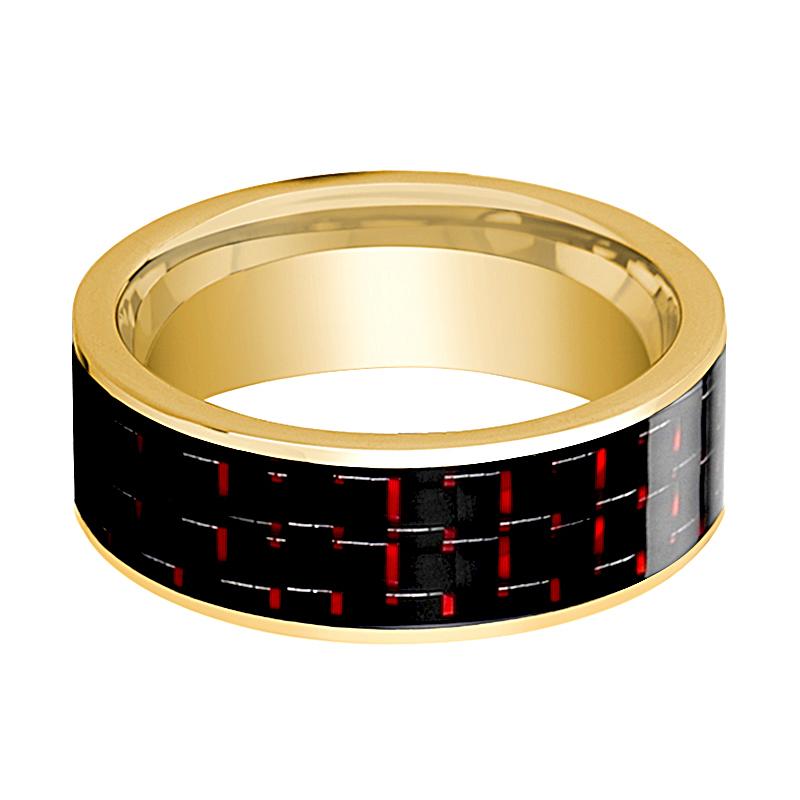 Red Carbon Fiber inlay 14k yellow gold wedding band 8mm, side profile