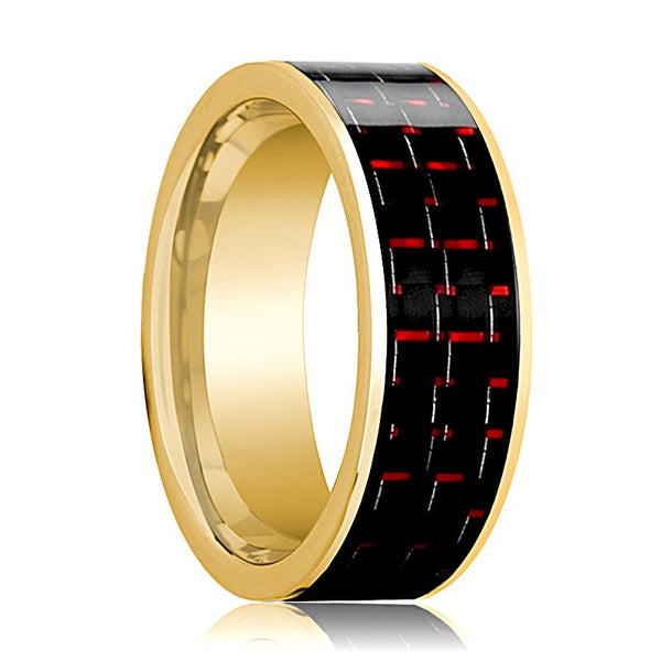 Men's 14k Yellow Gold Flat Wedding Ring with Black & Red Carbon Fiber Inlay Polished Finish - 8MM - Rings - Aydins Jewelry - 1