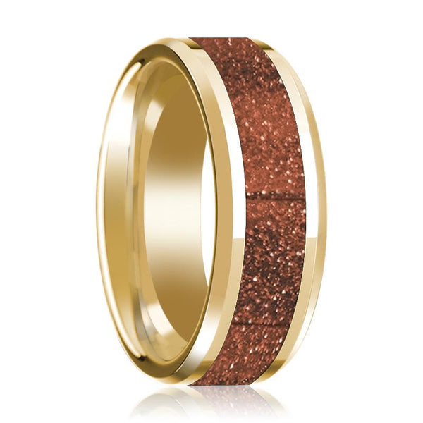 Men's 14k Yellow Gold Orange Goldstone Inlaid Wedding Ring with Beveled Edges & Polished Finish - 8MM - Rings - Aydins Jewelry - 1