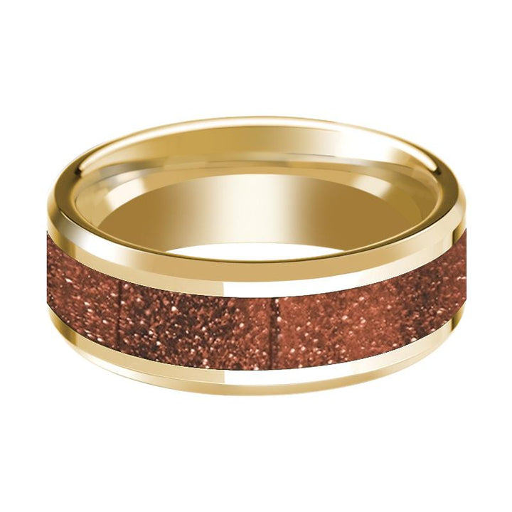 Men's 14k Yellow Gold Orange Goldstone Inlaid Wedding Ring with Beveled Edges & Polished Finish - 8MM