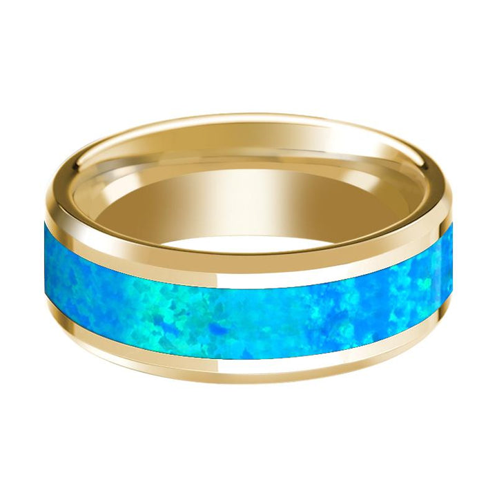 Men's 14k Yellow Gold Polished Wedding Band with Blue Opal Inlay & Beveled Edges - 8MM - Rings - Aydins Jewelry - 2