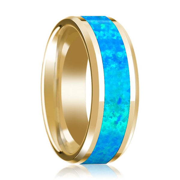 Blue Opal Inlay Beveled Edge Mens Wedding Band 14K Yellow Gold Polished Design - Rings - Aydins_Jewelry