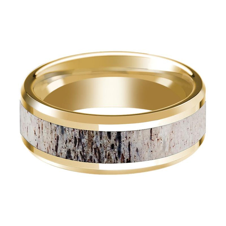 Men's 14k Yellow Gold Polished Wedding Band with Ombre Deer Inlay & Beveled Edges - 8MM
