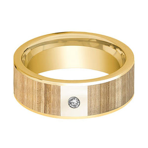 Ash Wood inlay 14k yellow gold wedding band 8mm with diamond, side profile