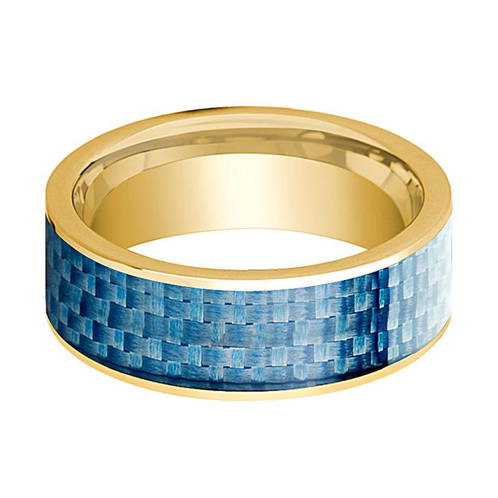 Men's 14k Yellow Gold Wedding Band with Blue Carbon Fiber Inlay Flat Polished Design - 8MM - Rings - Aydins Jewelry - 2