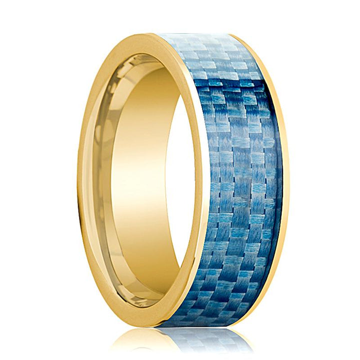 Mens Wedding Band 14K Yellow Gold with Blue Carbon Fiber Inlay Flat Polished Design - AydinsJewelry