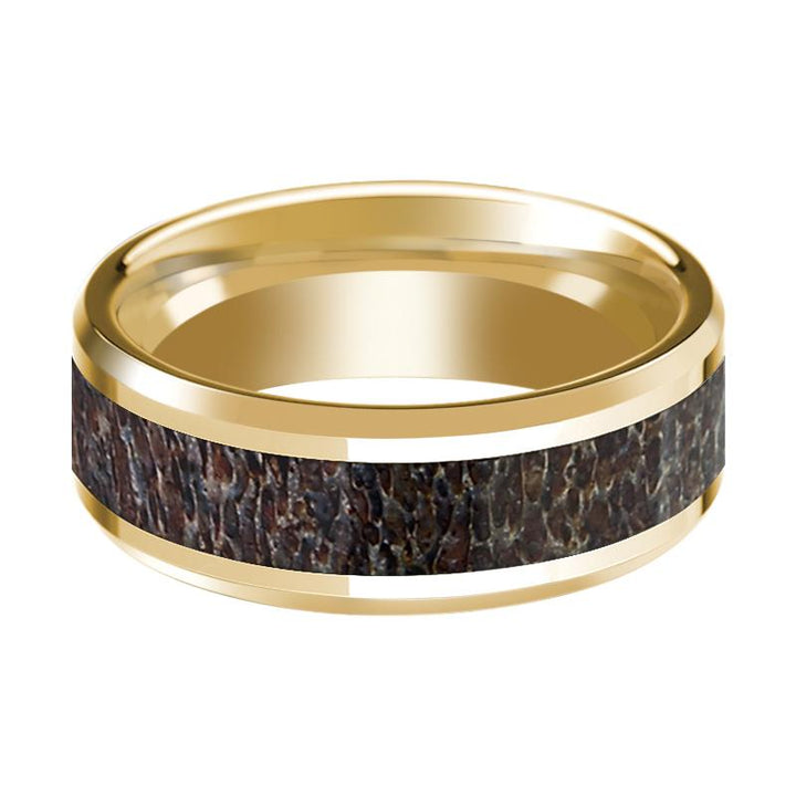 Men's 14k Yellow Gold Wedding Band with Dark Deer Antler Inlay & Beveled Edges Polished Finish - 8MM - Rings - Aydins Jewelry - 2
