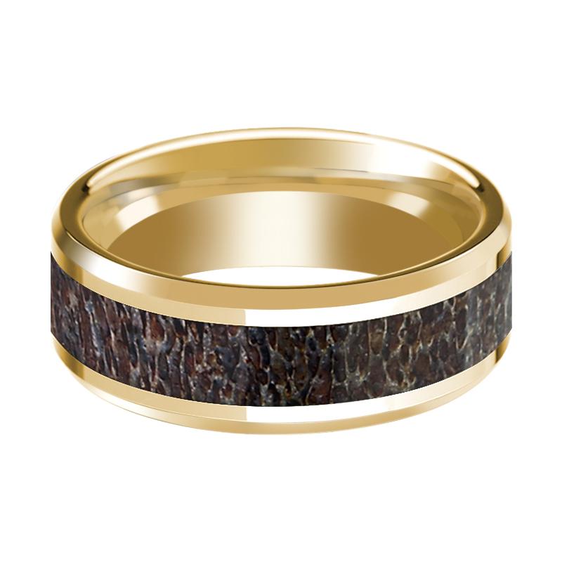 Deer Antler inlay 14k yellow gold wedding band 8mm, side profile