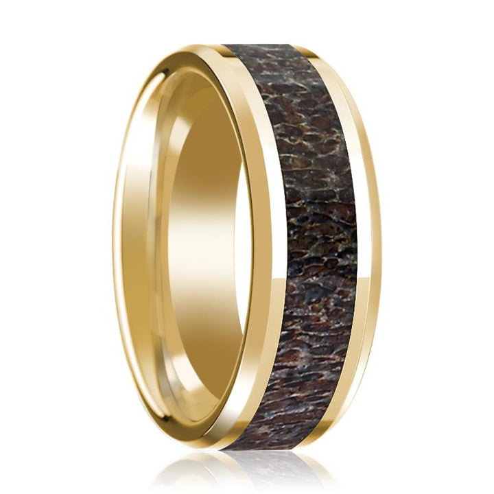 Men's 14k Yellow Gold Wedding Band with Dark Deer Antler Inlay & Beveled Edges Polished Finish - 8MM - Rings - Aydins Jewelry - 1