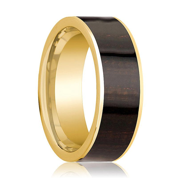 Mens Wedding Band Polished 14k Yellow Gold Flat Wedding Ring with Ebony Wood Inlay - 8mm - AydinsJewelry