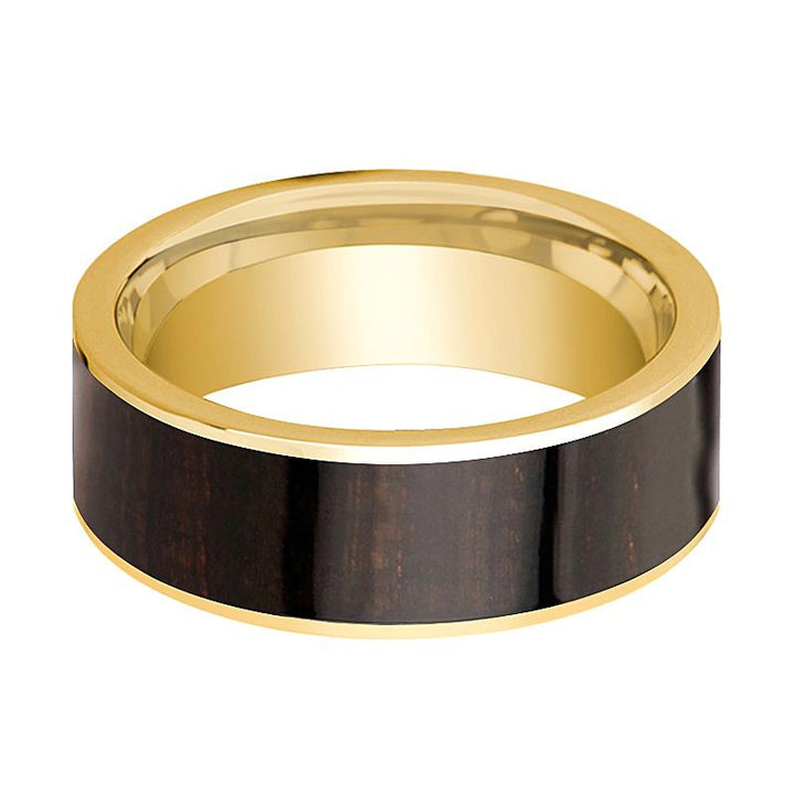 Mens Wedding Band Polished 14k Yellow Gold Flat Wedding Ring with Ebony Wood Inlay - 8mm - AydinsJewelry