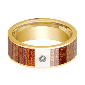 Mahogany inlay 14k yellow gold wedding band 8mm with diamond, side profile