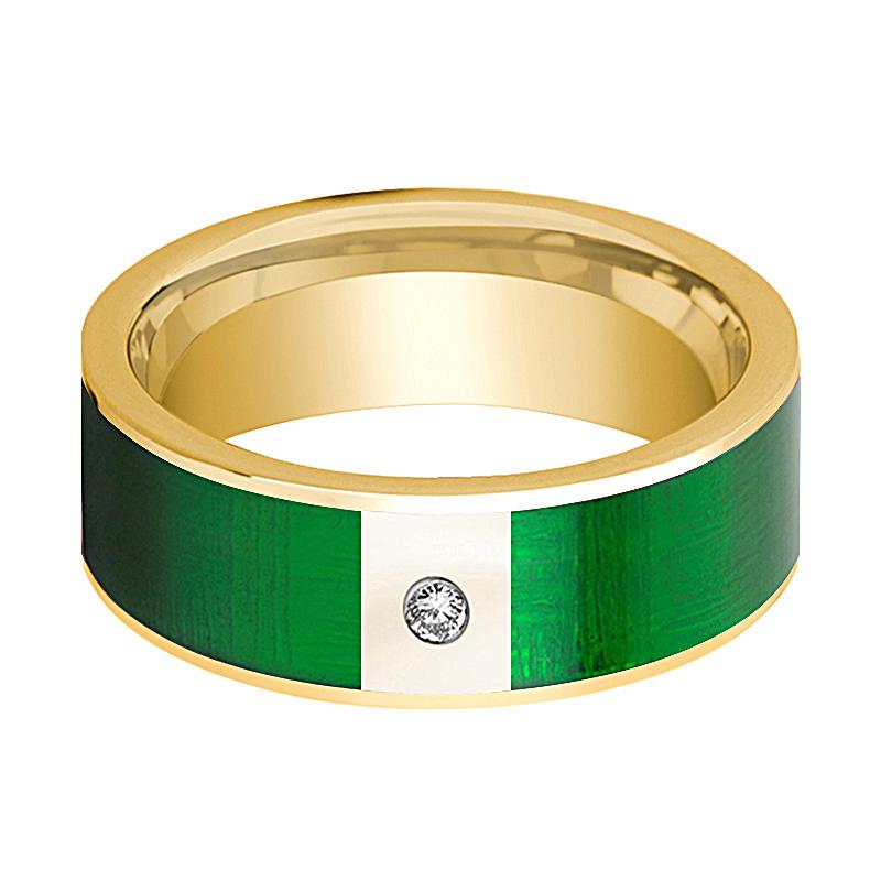 Green Inlay 14k yellow gold wedding band 8mm with diamond, side profile