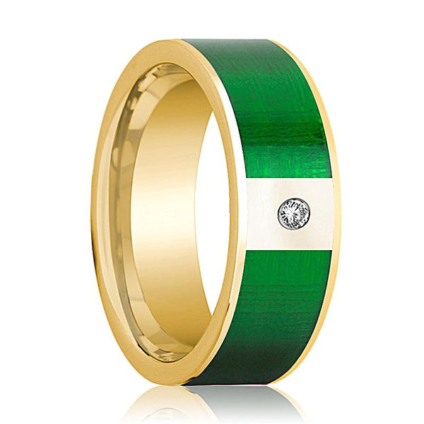 Mens Wedding Band 14K Yellow Gold with Textured Green Inlay and Diamond Flat Polished Design - AydinsJewelry