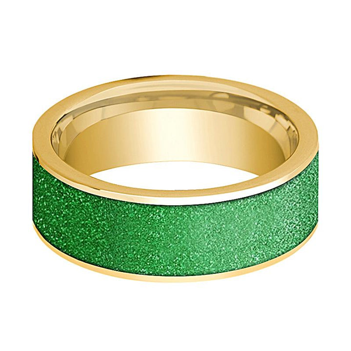 Men's 14k Yellow Gold Wedding Band With Textured Green Inlay Flat Polished Design - 8MM - Rings - Aydins Jewelry - 2