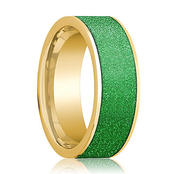 Men's 14k Yellow Gold Wedding Band With Textured Green Inlay Flat Polished Design - 8MM - Rings - Aydins Jewelry - 1