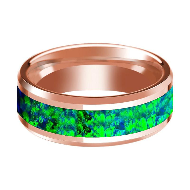 Men's Beveled 14k Rose Gold Wedding Band with Green & Blue Opal Inlay Polished Finish - 8MM
