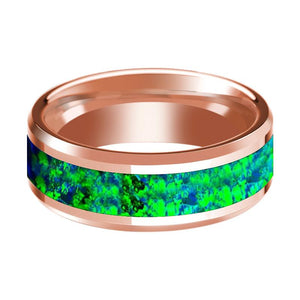 Blue Opal inlay 14k rose gold wedding band 8mm, side profile