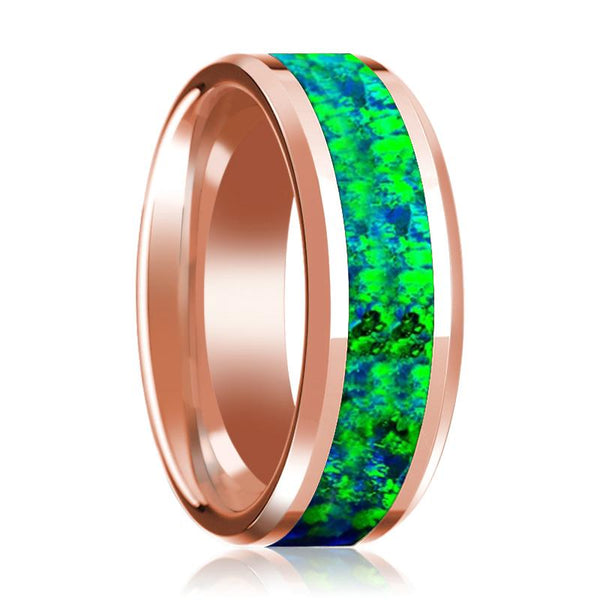 Green & Blue Opal Inlay Beveled Edge Mens Wedding Band 14K Rose Gold Polished Design - Rings - Aydins_Jewelry